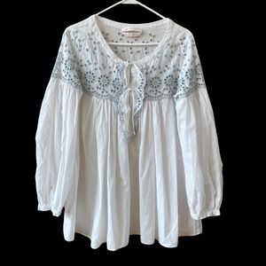 SEE BY CHLOE WHITE PEASANT LS TOP BLOUSE SILVER EMBROIDERY EYELET 42 US 10/12